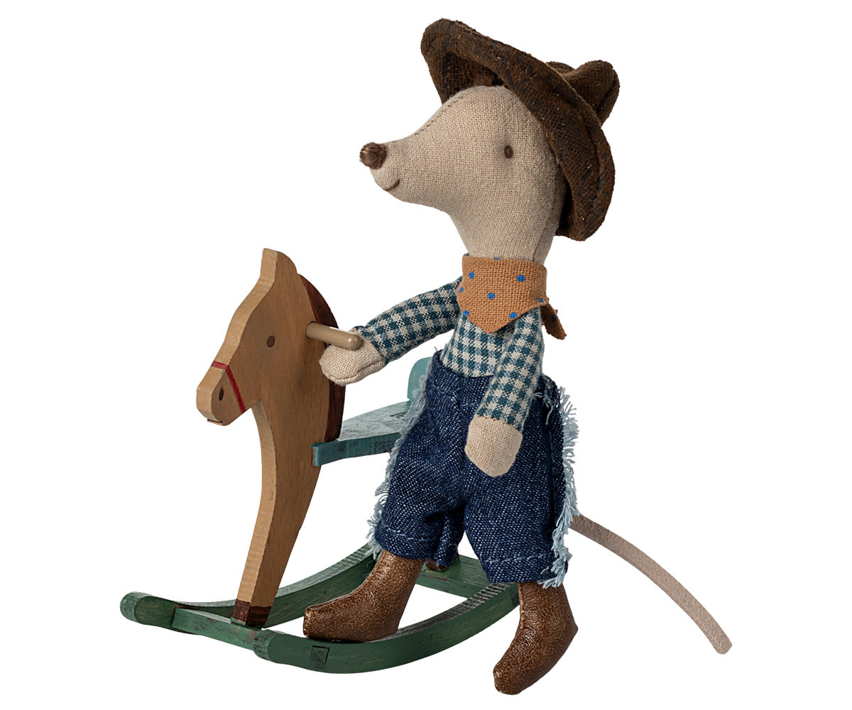 Cowboy mouse on rocking horse, Little brother
