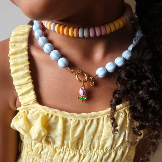 Necklace - Bold beads babyblue stripe